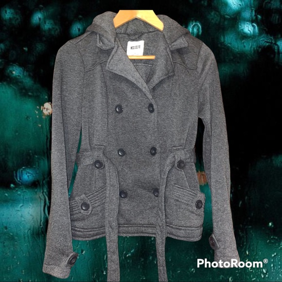 MISS SELFIE Lapel, Double-Breasted Pea Coat w/ Belt, Charcoal Gray, Woman's SM - Picture 15 of 15